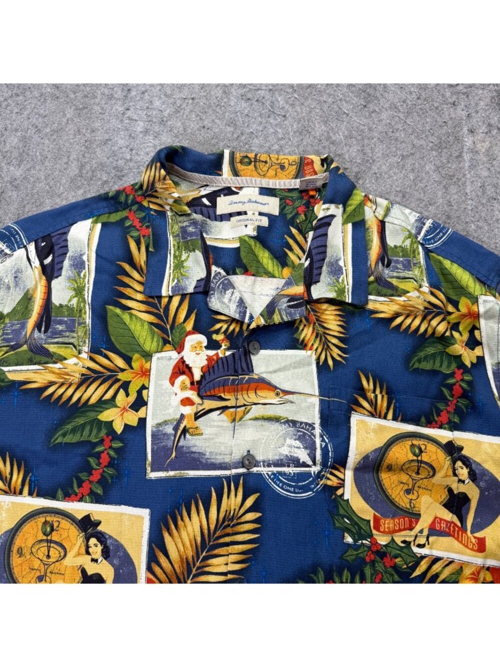 Tommy Bahama Hawaiian Shirt Men 2XL Blue Santa Holiday Camp Aloha Luau Party